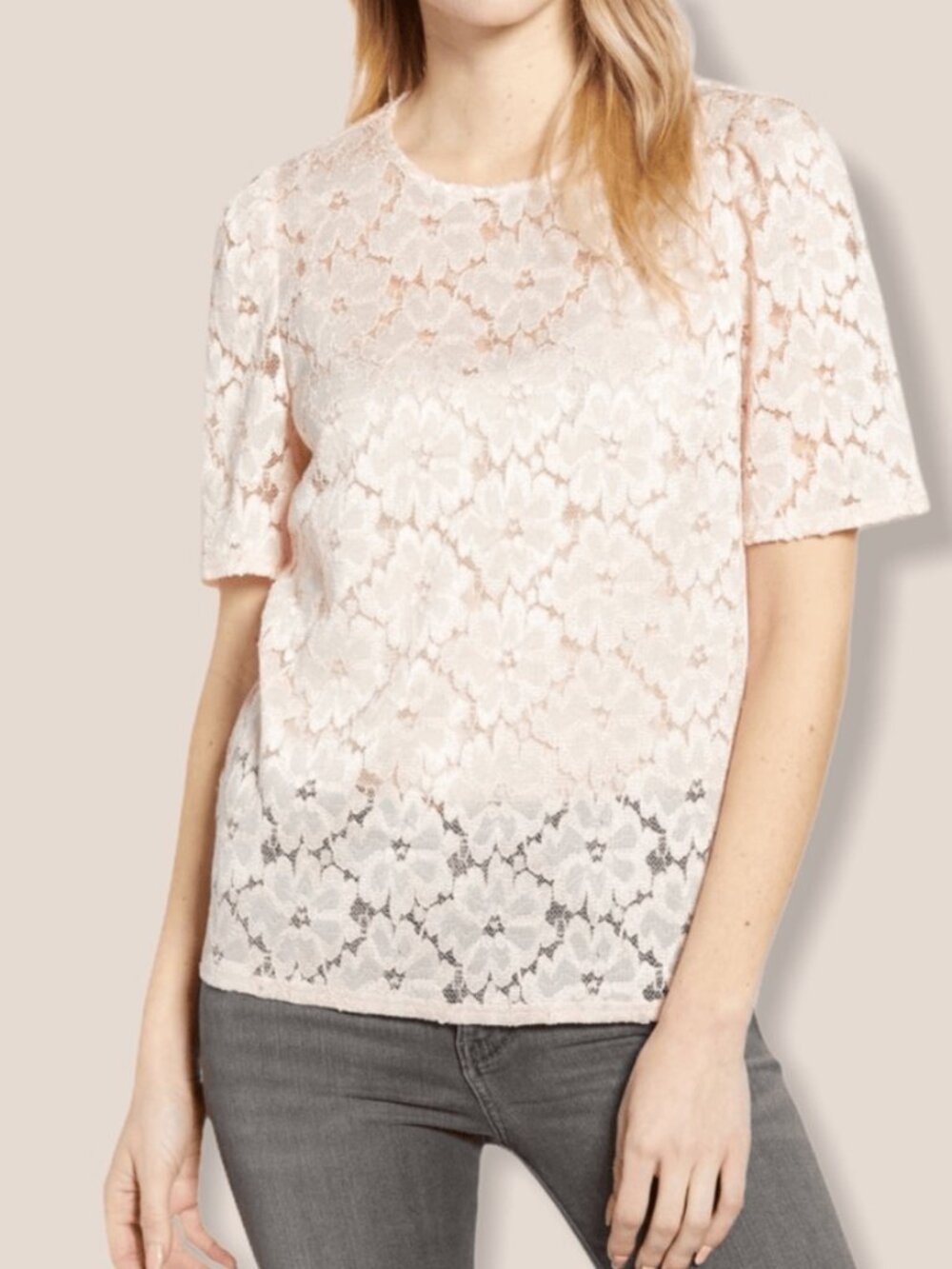 Chelsea28 Chelsea 28 pink floral lace puff short sleeve blouse top shirt